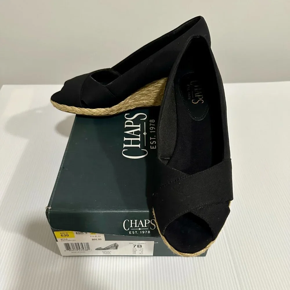 CHAPS Dakoda Black Canvas Espadrille Wedge Open Toes Heels Shoes size 7B